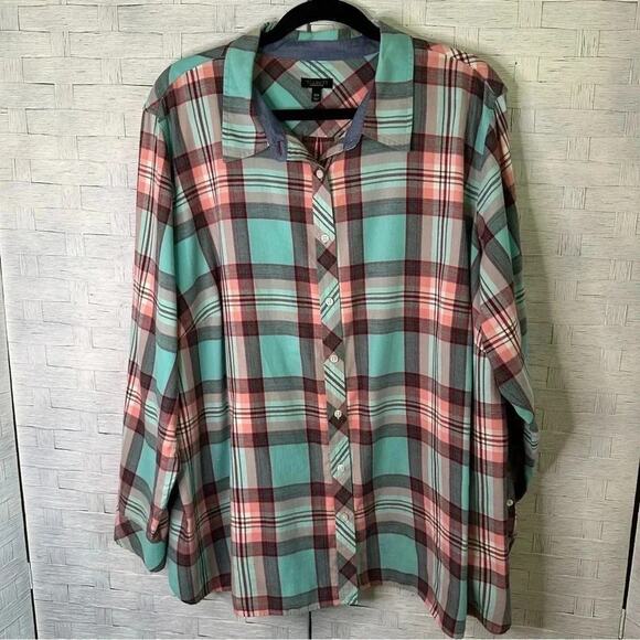 Talbots green pink plaid flannel button front shirt blouse, fall gorpcore petite - Picture 1 of 10